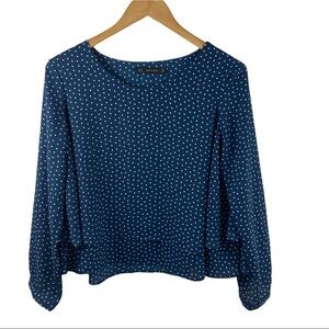 Zara Basic Dark Blue White Dot Print Tiered Popover Blouse Womens Sz L
